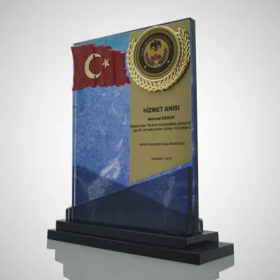 Mermer Desenli Bayraklı Fasetli Kristal Plaket